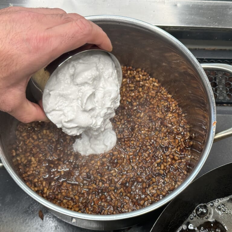 手順 3: モスビーンが食べられるくらい柔らかくなったら塩、ココナッツミルクを軽く煮込む。器に焼いた餅ともりつけガラムマサラを少しか